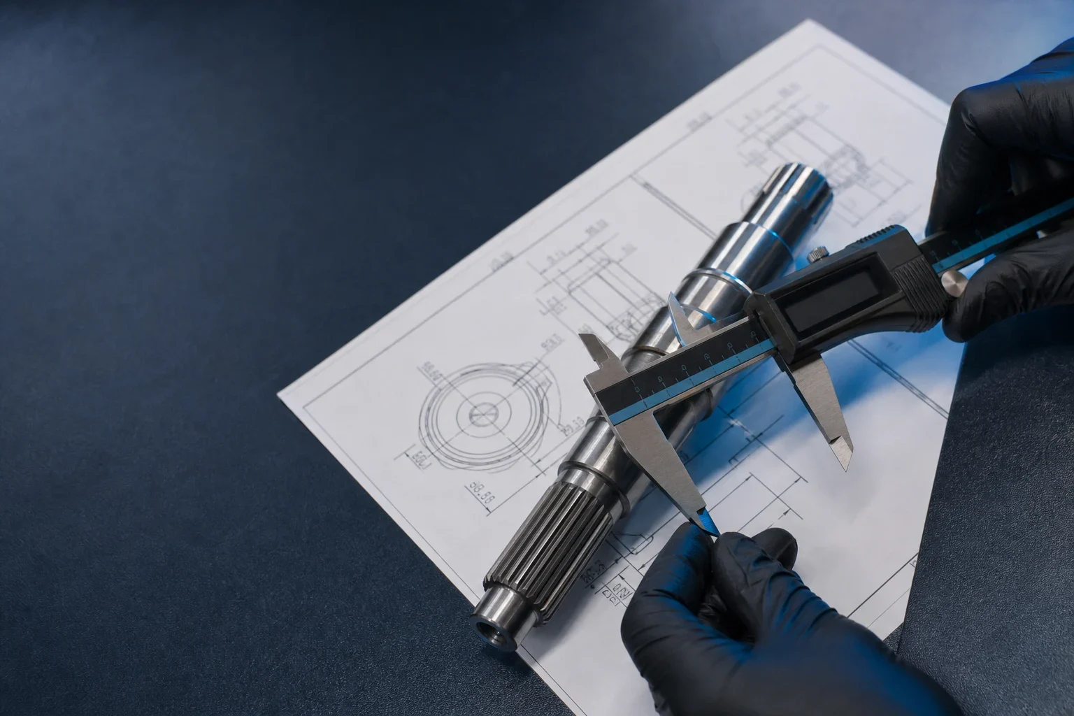 A motor shaft being measured against an engineering drawing